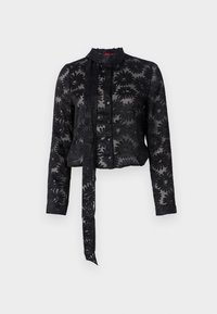 Black sheer blouse with embroidered floral pattern, long sleeves, button front, and a tie closure at the neckline. Textured fabric, cropped fit.