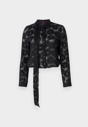 Black sheer blouse with embroidered floral pattern, long sleeves, button front, and a tie closure at the neckline. Textured fabric, cropped fit.