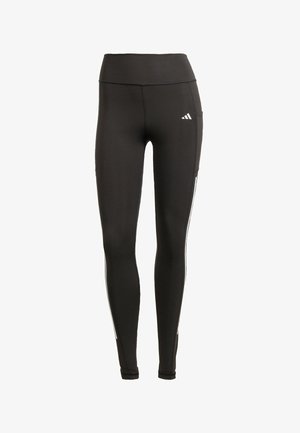 Schwarze Leggings aus dehnbarem Stoff, mit einem hohen Bund, weißen Seitestreifen und einer Seitentasche zur praktischen Nutzung.