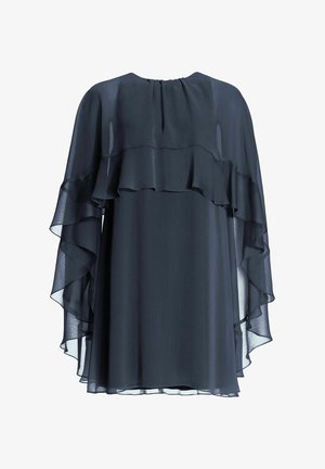 Laivastonsininen sifonkimekko, jossa kerrokselliset röyhelöhihat, pyöreä pääntie ja väljä istuvuus. Pehmeä koostumus ja kevyt kangas mukavuutta varten.