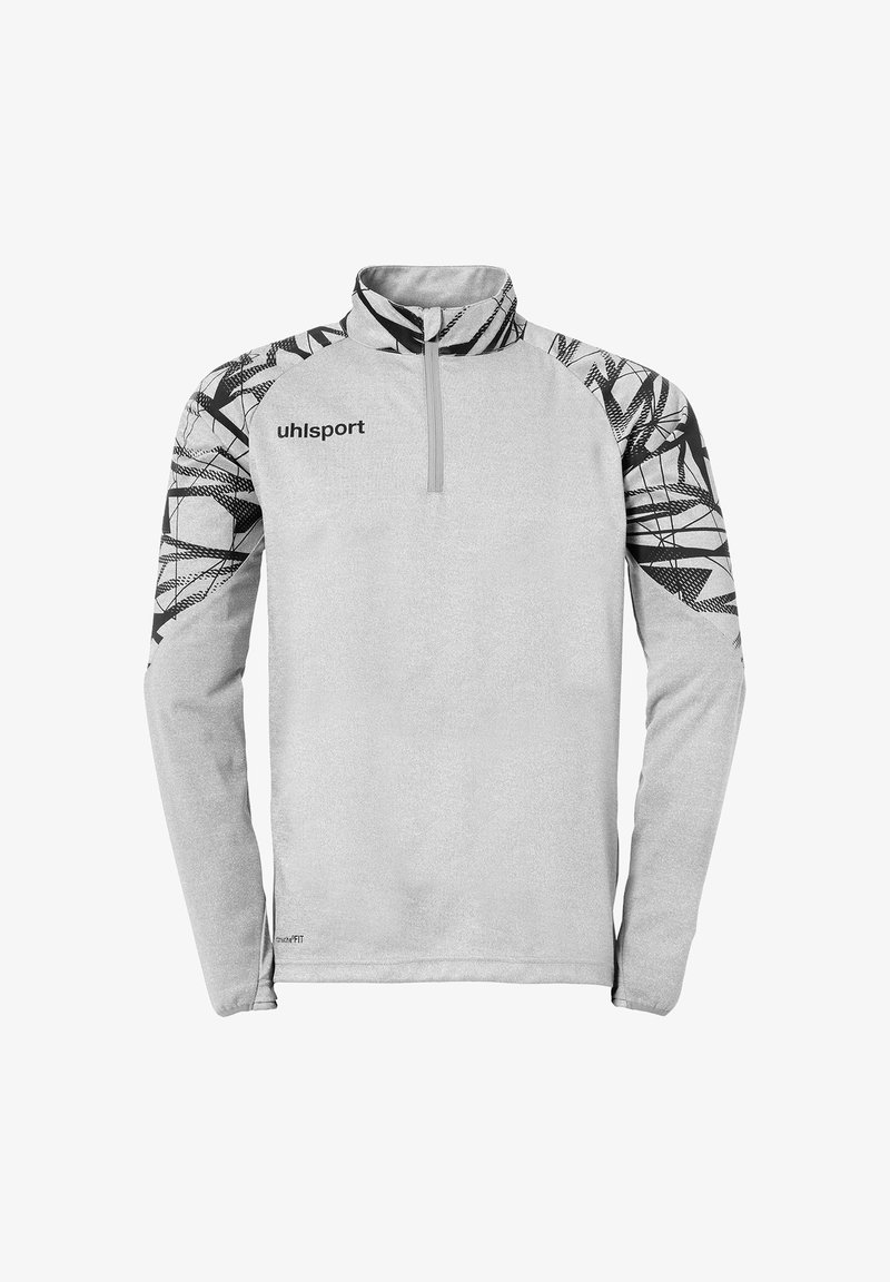 Pullover a maniche lunghe di colore grigio chiaro con collo a zip, caratterizzato da motivi astratti neri sulle spalle e logo "uhlsport" sul petto.