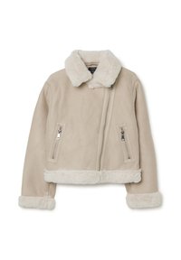 Giacca in pelle sintetica beige con colletto e polsini in pelliccia shearling. Caratterizzata da due tasche con zip e da una cerniera frontale asimmetrica.