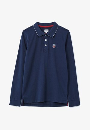 Granatowa koszulka polo z długim rękawem, białym wykończeniem kołnierzyka, trzema guzikami oraz małą naszywką z logo Pepe Jeans na lewej piersi.