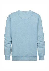 Felpa azzurra chiara con colletto rotondo, polsini e orlo a costine, e una texture morbida con un design semplice e senza decorazioni.
