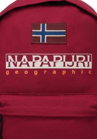 Zaino in tela rosso con una patch della bandiera della Norvegia, logo "NAPAPIJRI" in bianco e "geographic" in arancione sottostante.