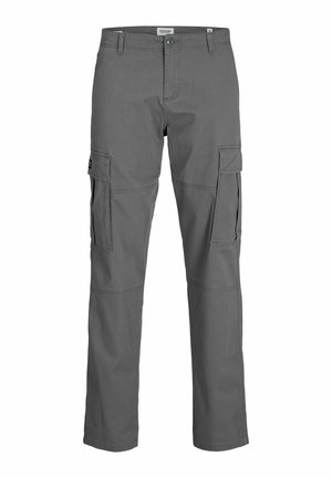 Grå cargobukser laget av slitesterkt stoff, med fremre og sidelommer, rette ben og synlige sømmdetaljer.