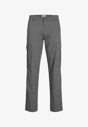 Pilkos kelnės kroviniai, pagamintos iš patvarios medžiagos, su priekinėmis ir šoninėmis kišenėmis, tiesiomis kojomis ir matomomis siūlėmis.