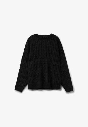 Pull noir en maille torsadée avec un col rond, des manches longues et un ourlet côtelé. Fabriqué en fil texturé, avec un motif épais sur toute sa surface.