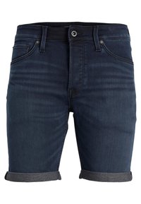 Shorts de mezclilla en azul oscuro con una textura suave. Presentan un diseño estándar de cinco bolsillos y dobladillos con una tela interior contrastante.