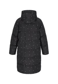 Sort polstret frakke med hætte, prydet med et mønster af små røde og hvide blomster, lange ærmer og en mellemlang silhuet.