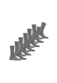 Calcetines de algodón grises dispuestos en una fila. Cada calcetín tiene un puño acanalado y una textura suave, con un diseño clásico de longitud hasta el tobillo.