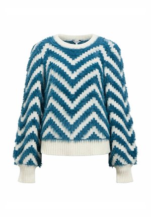 Fluffy pulover s teal i bijelim chevron uzorkom, s okruglim izrezom i rebrastim manžetama, izrađen od mekog, teksturiranog materijala.