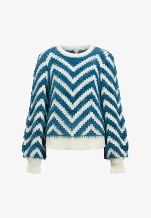 Fuzzy sweater with a teal and white chevron pattern, featuring a round neck and ribbed cuffs, made from soft, textured material.