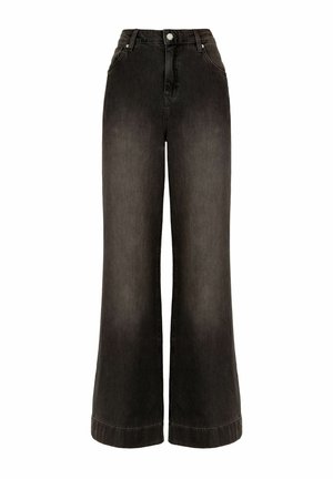 Jeans in denim nero a gamba larga e vita alta, con chiusura a bottone e zip, tasche anteriori e passanti per cintura.