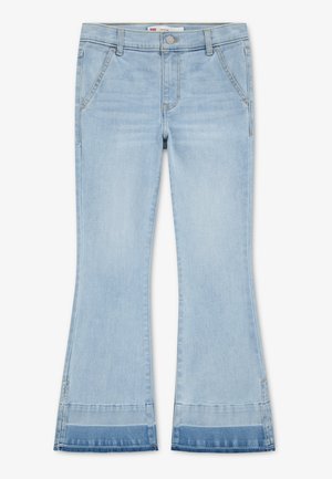 Hellblaue Jeans aus Denim mit leichtem Schlag und dunkelblauem Besatz am Saum, vorne mit Taschen und Gürtelschlaufen.