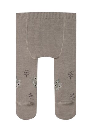 Collants en maille beige pour bébé avec petits motifs floraux et feuilles en vert doux et marron foncé sur les jambes.