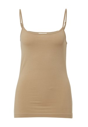 Beige Trägertop mit dünnen, verstellbaren Trägern, aus weichem Stretchmaterial gefertigt. Schlichtes Design mit rundem Ausschnitt und taillierter Form.