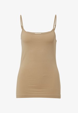 Beige camisole with thin adjustable straps, made from soft stretch fabric. Simple design with a round neckline and fitted shape.