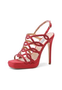 Sandal con tacco alto rosso, caratterizzata da una tomaia testurizzata con dettagli decorativi a forma di anello, punta aperta e suola piattaforma. Inclusa cintura regolabile alla caviglia.