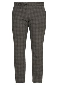 Herenbroeken in een donkergrijs geruit patroon. Voorzien van een rechte snit, knoopsluiting en een soepele stofstructuur. Tailored fit.