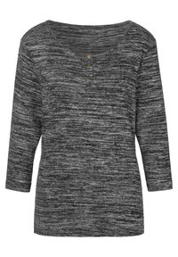 Graues meliertes Langarmshirt mit Rundhalsausschnitt, drei dekorativen Knöpfen an der Brust und lockerer Passform. Weicher Stoff.