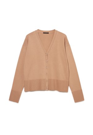 Hellbrauner Strickcardigan mit fünf Knöpfen vorne, V-Ausschnitt, langen Ärmeln und gerippten Bündchen und Saum, gezeigt auf weißem Hintergrund.