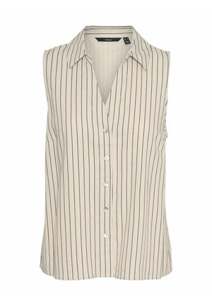 Mouwloos beige shirt met verticale zwarte strepen, V-hals en vijf knopen, gemaakt van lichtgewicht stof voor comfort.
