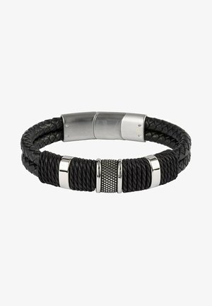 Schwarzes geflochtenes Lederarmband mit silberfarbigen Metallakzenten und einer strukturierten zylindrischen Perle. Magnetverschluss für sicheren Halt.