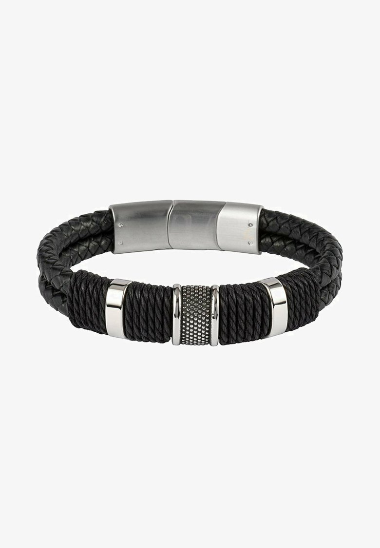 Schwarzes geflochtenes Lederarmband mit silberfarbigen Metallakzenten und einer strukturierten zylindrischen Perle. Magnetverschluss für sicheren Halt.
