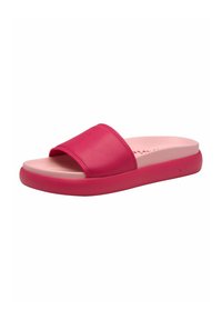 Rosa gummiskosandal med en bred rem, vadderad innersula och en kontrasterande rosa sula. Slät textur och minimalistisk design.