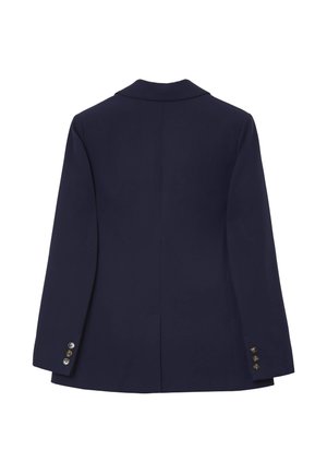 Marineblauer Blazer aus Stoff mit glatter Textur. Verfügt über einen Reverskragen, lange Ärmel und messingfarbene Knopfakzente an den Manschetten.