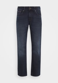 Jeans de mezclilla azul oscuro con un diseño de pierna recta. Cuenta con cinco bolsillos y un cierre de botón. Un ligero desgaste en los muslos añade una textura sutil.