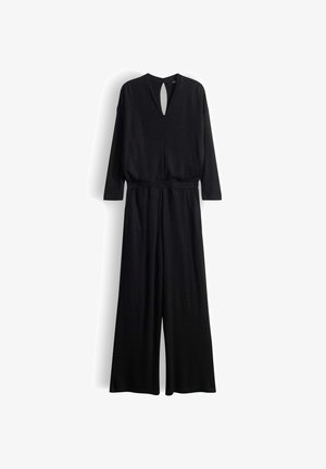 Schwarzer Jumpsuit mit langen Ärmeln, einem V-förmigen Ausschnitt, einem Schlüsselloch-Detail am Rücken und einer taillierten Taille. Hergestellt aus glattem, strukturiertem Stoff.