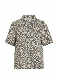 Kortermet skjorte i beige og grå med en zebramønster, med knappestolpe foran og en enkelt brystlomme. Myk, strukturert stoff.