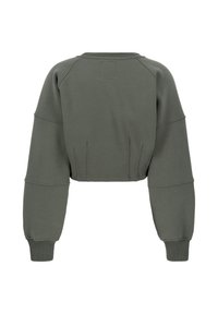 Rövidre szabott, olajzöld pulóver széles ujjakkal, bordázott mandzsettákkal és diszkrét varrási részletekkel az anyagon. Puha, texturált anyag.