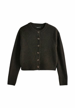 Dark brown cropped cardigan with long sleeves, ribbed cuffs and hem, and six front buttons.