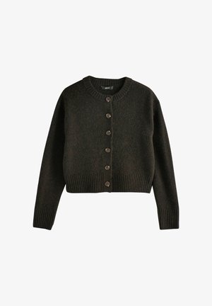 Donkerbruin cropped cardigan met lange mouwen, geribbelde manchetten en zoom, en zes knopen aan de voorkant.