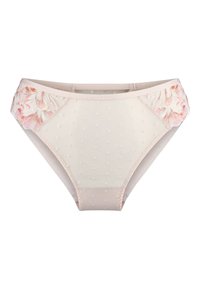 Lichtroze slip met gestructureerde stippen, geborduurde bloemenaccenten aan de zijkanten en een zachte elastische tailleband.