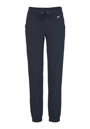 Navy blue casual pants with elastic waistband, drawstring, side pockets, and elastic cuffs at ankles.