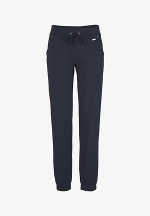 Navy blue casual pants with elastic waistband, drawstring, side pockets, and elastic cuffs at ankles.