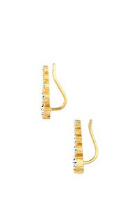 Boucles d'oreilles à crochets en ton or, ornées d'une rangée de pierres précieuses transparentes le long du bord, avec une surface texturée et un design courbé et allongé.