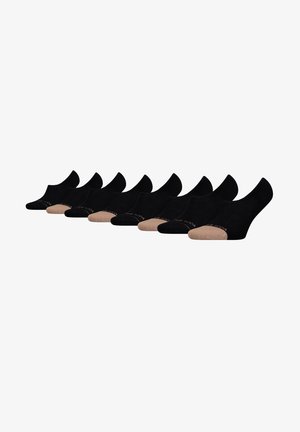 Schwarze Knöchelsocken mit einem nuden Zehenbereich, nahtloses Design und weicher Textur, in einer Reihe zur Präsentation angeordnet.