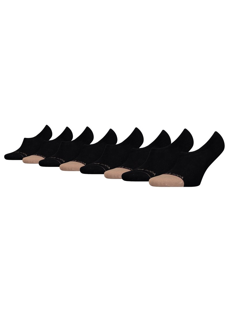 Schwarze Knöchelsocken mit einem nuden Zehenbereich, nahtloses Design und weicher Textur, in einer Reihe zur Präsentation angeordnet.
