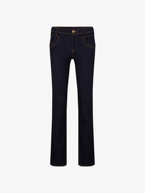 Tumesinised saapalõikelised teksad oranži õmblusega, ees taskud, vööaasad ning nööbi ja tõmblukuga kinnis.