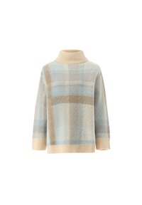 Hellblau, creme und braun karierter Strickpullover mit Rollkragen, dreiviertelÄrmeln und gerippten Bündchen. Weiches, strukturiertes Material.