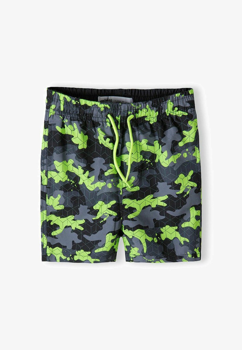 Čierne a zelené plavky s maskovacím vzorom a hexagonálnym motívom, so sťahovacím pásom a hladkou textúrou látky.