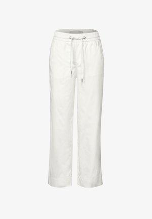 Witte katoenen blend broek met een elastische tailleband, accenten van een trekkoord en een rechte pijpdesign. Zachte textuur en casual pasvorm.