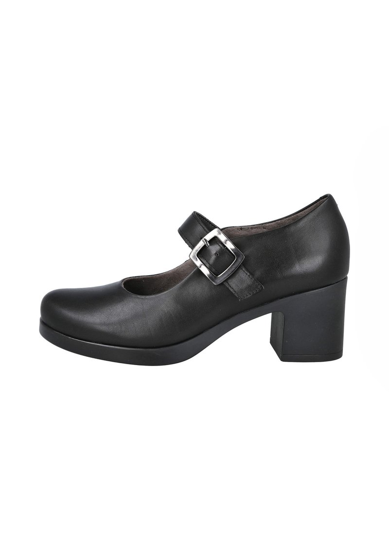 Zapato negro de charol estilo Mary Jane con puntera redondeada, tirante en el tobillo y hebilla plateada, con un tacón cuadrado para mayor estabilidad.