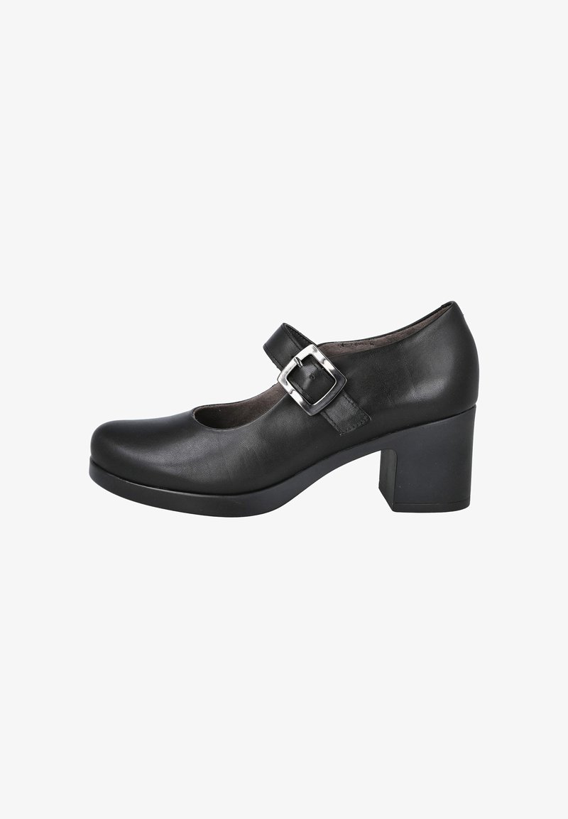 Zapato negro de charol estilo Mary Jane con puntera redondeada, tirante en el tobillo y hebilla plateada, con un tacón cuadrado para mayor estabilidad.