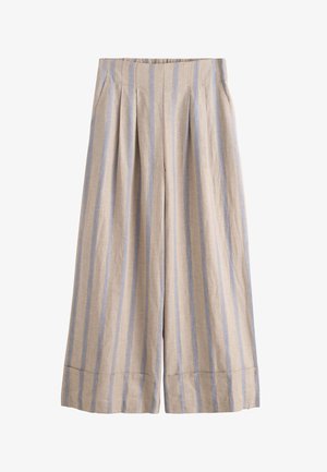 Pantalon beige à jambes larges avec des rayures verticales bleu pâle, devant plissé et ourlets retroussés.